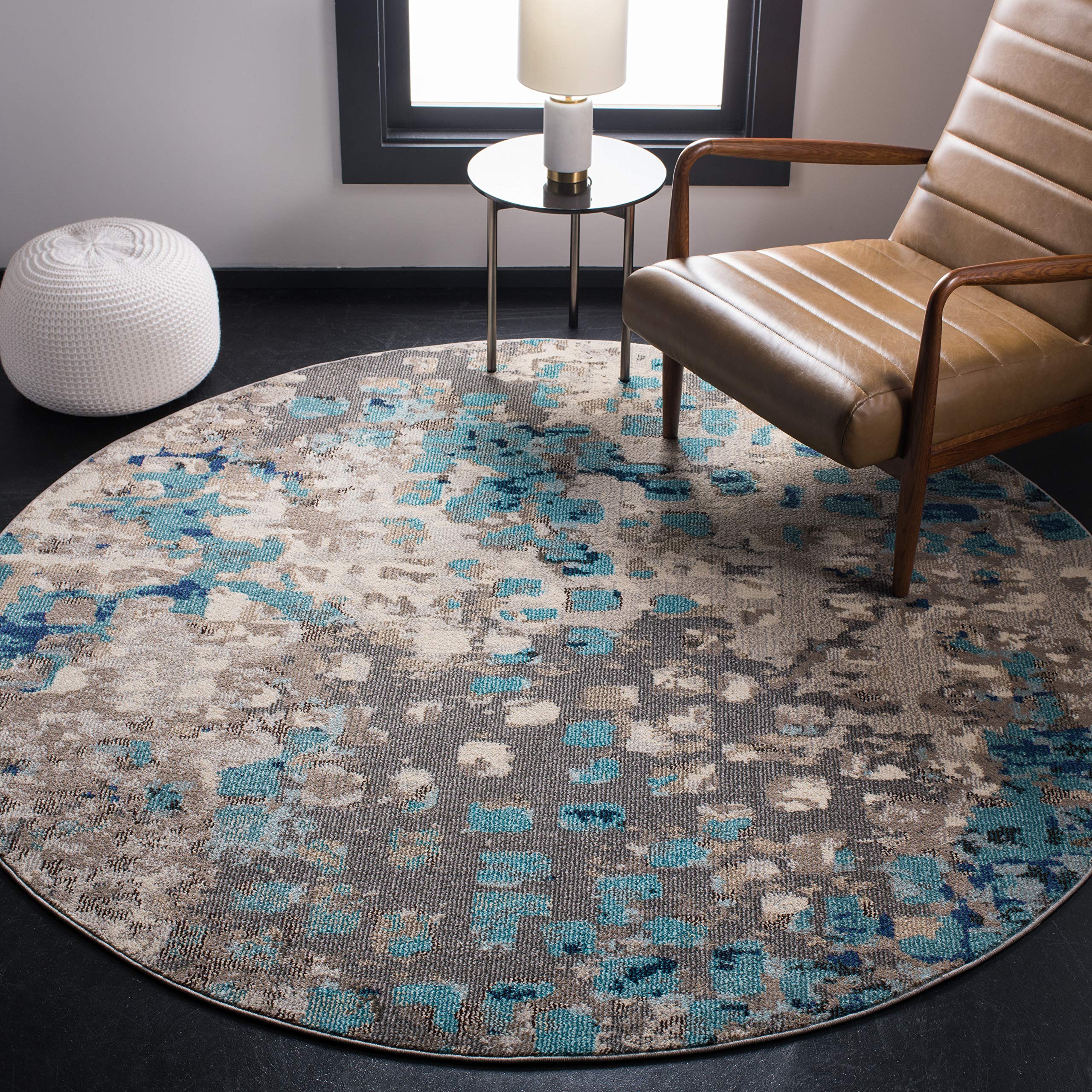 SAFAVIEH Madison Collection Area Rug - 8' Round, Grey & Blue, Boho Abstract Distressed Design, Non-Shedding & Easy Care, Ideal f